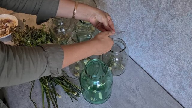 Cutting herbs and preparing jars in a kitchen for preservation