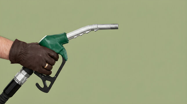 Fuel pump nozzle held by a hand wearing brown leather gloves against a solid green background