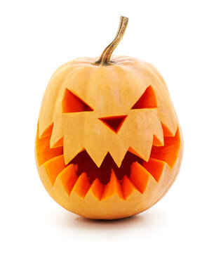 Halloween carved pumpkin jack o lantern isolated on a white background.