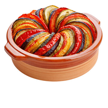 Roasted ratatouille vegetables in a ceramic terracotta pot isolated on transparent background PNG cutout
