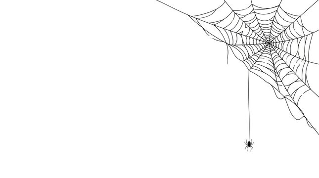 Spider hanging from web illustration vector black and white corner composition