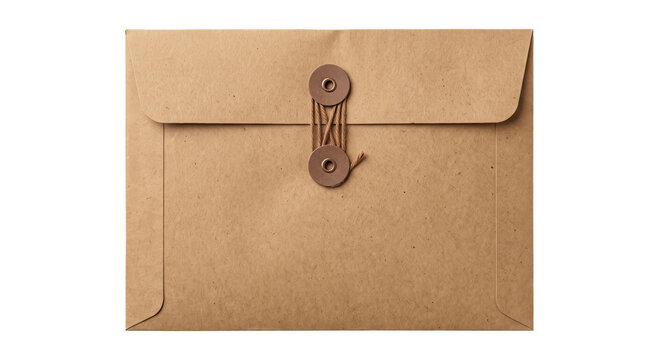 Closed brown paper envelope with string tie closure on a white background