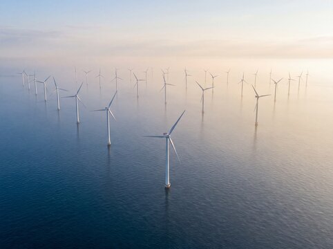 Offshore wind farm with tall white turbines rising from a calm blue sea