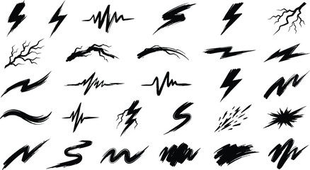 Fototapeta premium Set of black hand drawn lightning bolts and electric spark symbols isolated on a white background, for and comic