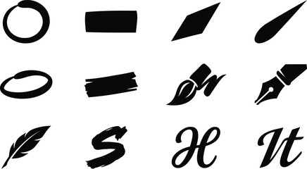 Fototapeta premium Set of black including writing tools, brush strokes, and calligraphy isolated on a white background for