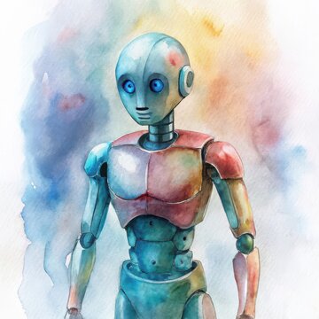 Artistic humanoid robot model with watercolor texture portrait