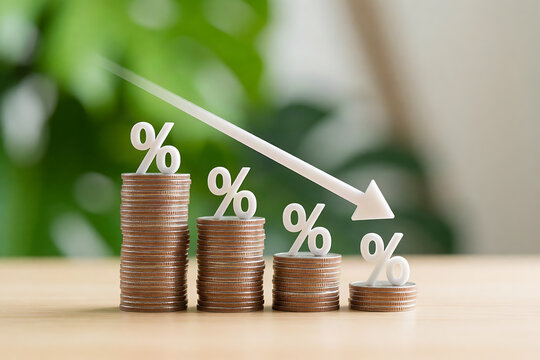 Descending stacks of coins with percentage signs and a downward arrow