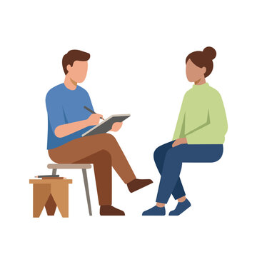 Interview Illustration Showing a Man Taking Notes on a Clipboard During a Consultation with a Woman Sitting Opposite Him Isolated on White Background for Business Hiring Mental Health Therapy Session