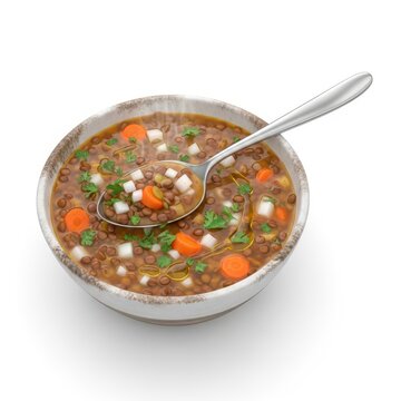 Hearty vegetable soup in a bowl with a spoon isolated on white background