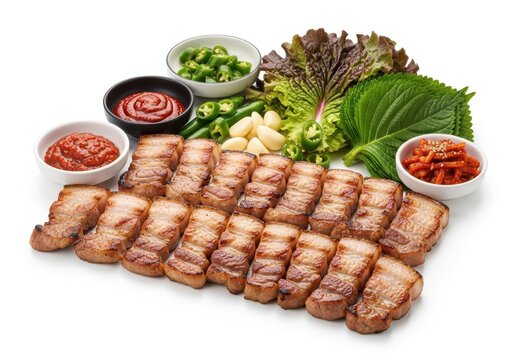 Delicious korean bossam pork belly platter with fresh vegetables and sauces isolated on white background