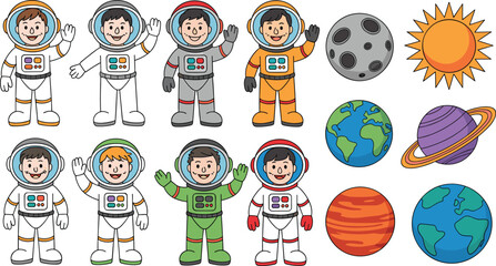 Cute Cartoon Kids Astronaut Character Set with Space Planets, Sun, and Moon Icons for Children Outer Space Exploration Education and Science Designs © Mira