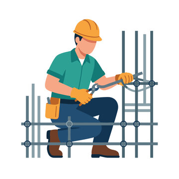 Construction Worker Tying Steel Rebar Mesh with Pliers on a Building Structure Site Isolated on White Background Flat Vector Illustration for Industrial Engineering and Building Project Design Concept
