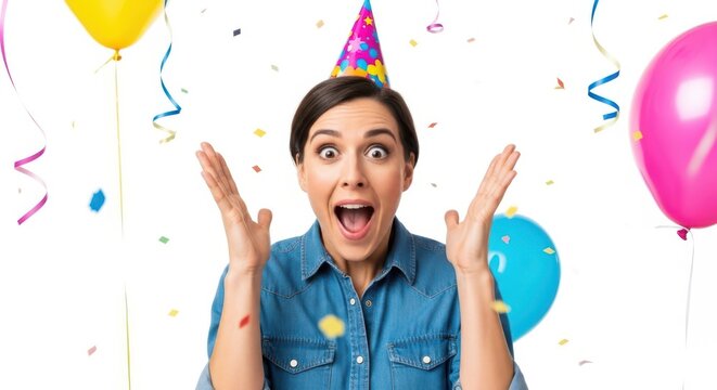 Excited woman in party hat surrounded by balloons and confetti celebration white background