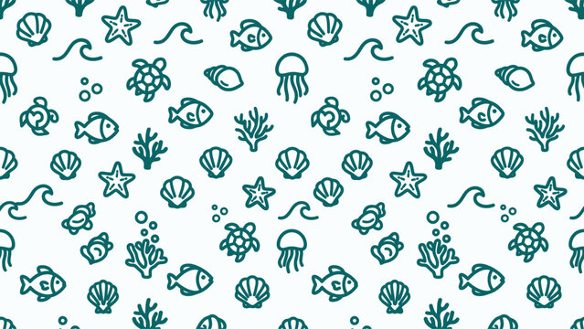 Seamless marine life pattern featuring teal line art icons of sea turtles, fish, starfish, jellyfish, seashells, and coral on a pale background for nautical ocean themes.