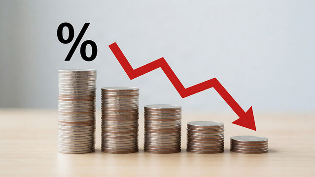 Decreasing coin stacks with red downward arrow and percent sign on wooden table