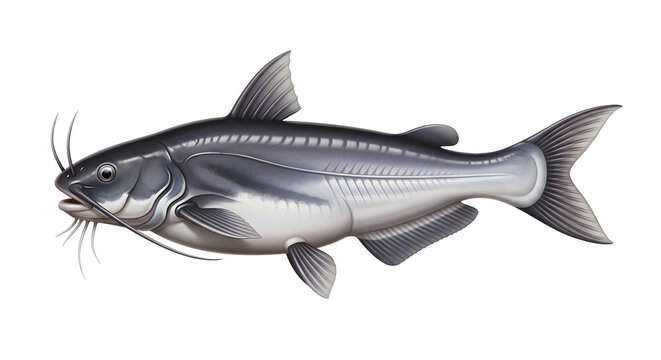 A single catfish swimming shown from the side in a realistic illustration style