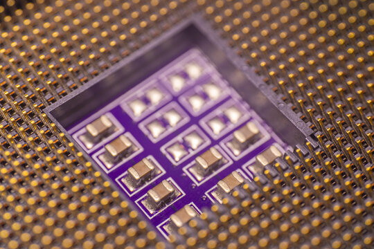Close-up view of a microprocessor with gold pins and a purple circuit board, showcasing intricate details of electronic components and connections