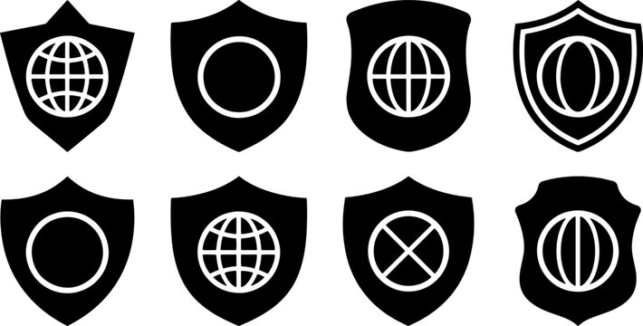 Set of 8 black shield icons with globe and circle symbols for security and protection