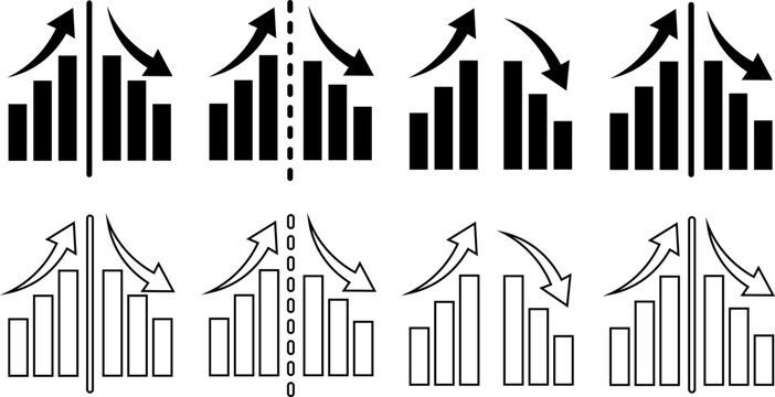 Collection of black and outline bar charts with symmetrical growth and decline arrows