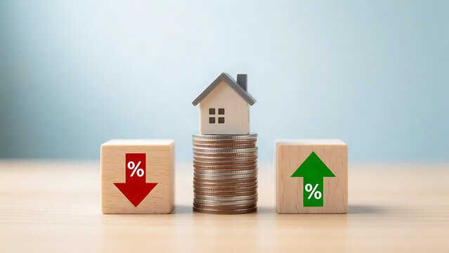 Wooden house on coin stack with red and green percentage arrows