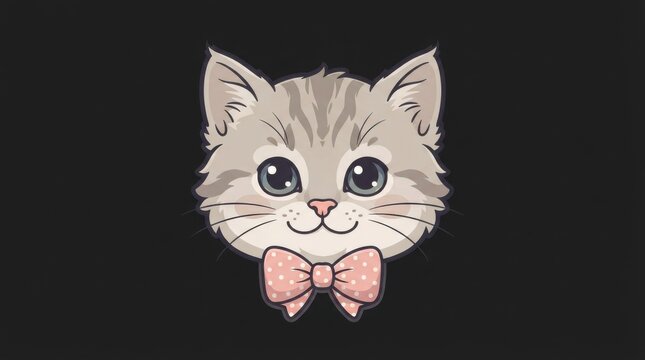 Cute tabby cat face illustration wearing a pink bow tie