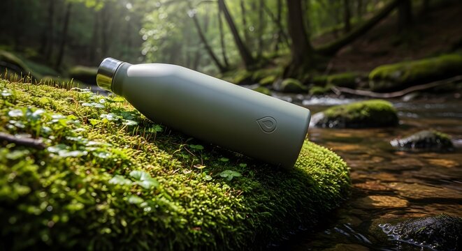 An olive green reusable water bottle rests on vibrant green moss beside a flowing forest stream, bathed in dappled sunlight.