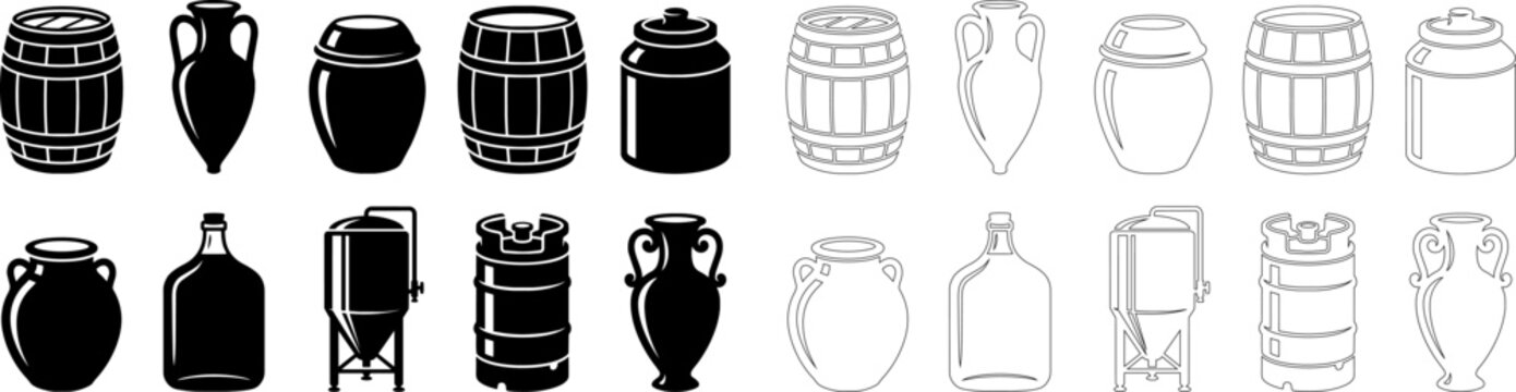 Storage container vessel icon set for winery branding, brewery equipment catalogs, olive oil packaging design and ancient pottery illustrations