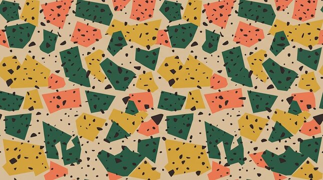 Colorful terrazzo pattern with geometric stone shapes and speckles