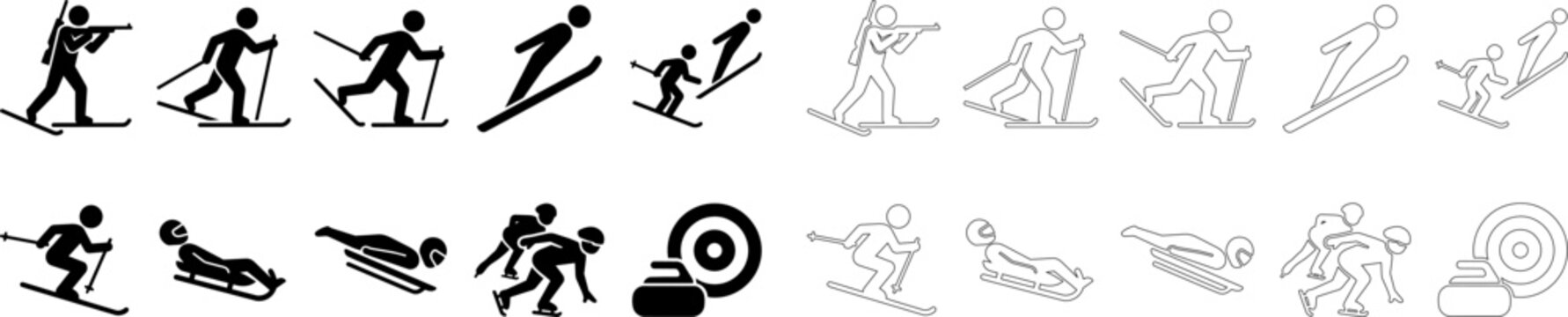 Winter sports pictogram icon set for olympic games broadcasts, ski resort signage, sports event scoreboards and athletic competition branding