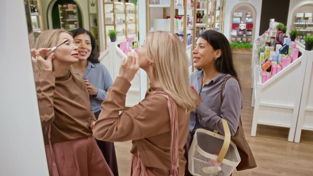 Mature Caucasian woman testing mascara while looking in mirror, shopping with Hispanic female friend in cosmetics boutique. Video ideal for beauty retail marketing and makeup product commercials