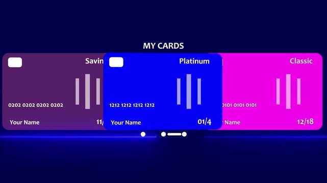 Credit Card Carousel Slider UI Animation on Dark Blue Gradient Background Loop