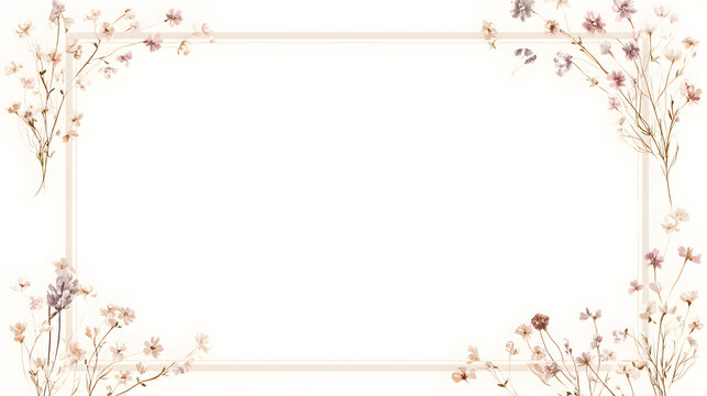 Minimalist floral border frame, tiny delicate flowers and fine-line stems placed sparsely around the edges, soft beige and muted pastel tones.