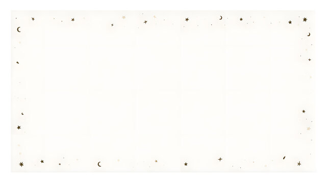 Minimalist celestial border frame, tiny stars, crescent moons and subtle dots arranged around the edges, soft neutral monochrome palette.