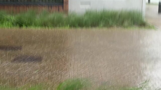 Wind driven hail and heavy rain sweep across a wet brick courtyard as ice pellets bounce on the pavement and ornamental grasses bend in strong gusts during a sudden storm.