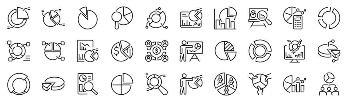 Set of 30 outline icons related to pie chart. Linear icon collection. Editable stroke. Vector illustration