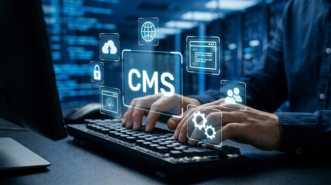Close-up of hands typing on a computer keyboard with CMS (Content Management System) and various digital icons floating above, symbolizing data and network security.