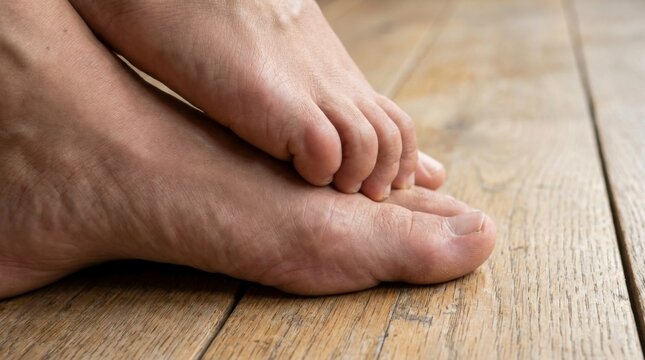 Close-up of a person's bare feet with one foot scratching the other, indicating an itch or skin irritation on a wooden floor