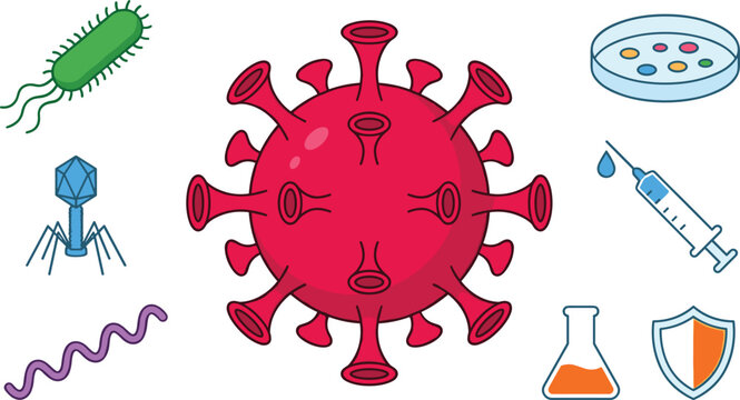 Microbiology and Virology Icon Set featuring Coronavirus Structure, Bacteria, Bacteriophage, Spirillum, Petri Dish Culture, Syringe Vaccine, Laboratory Flask, and Immune Shield for Medical Science 