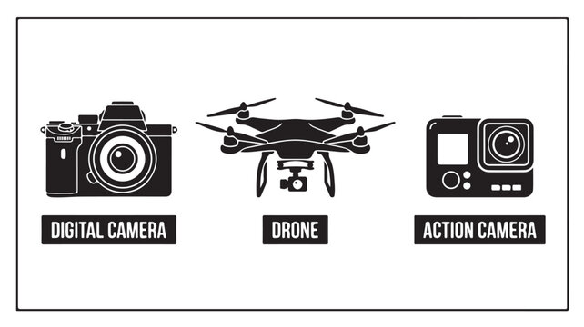 Camera icons vector set with digital camera, drone and action camera