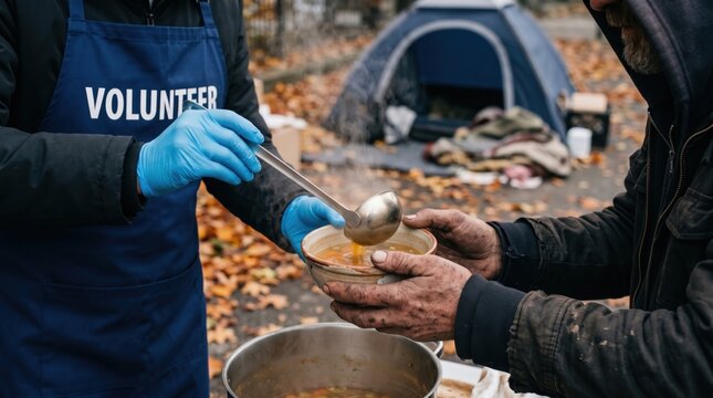 Volunteer serving hot soup to a homeless person outdoors in autumn, representing charity, food donation, humanitarian aid, homelessness support and community service