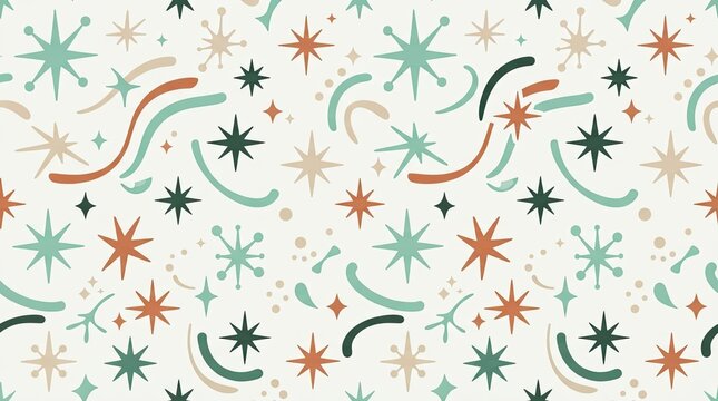 Seamless pattern with retro mid century modern stars and abstract shapes in colors