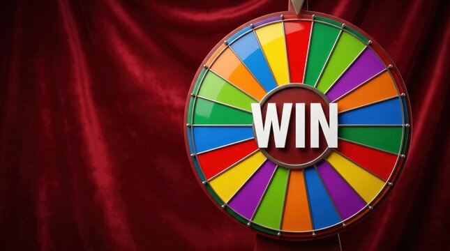 Colorful prize wheel with WIN lettering on a dark red background, representing winning, luck, chance, rewards, contests, games and gambling concepts. Banner with copy space