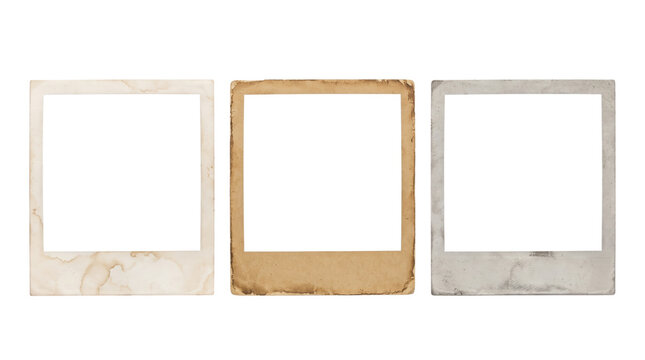 Three vintage empty photo frames with distressed paper texture instant photo aged paper photography border old photo decorative border worn paper grunge texture isolated as PNG