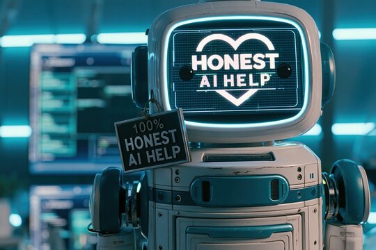 Robot head displays text Honest ai help heart symbol