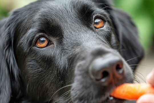 Black dog with expressive eyes eagerly receiving a carrot from a hand, showcasing the bond between pet and owner in a lush outdoor setting filled with greenery