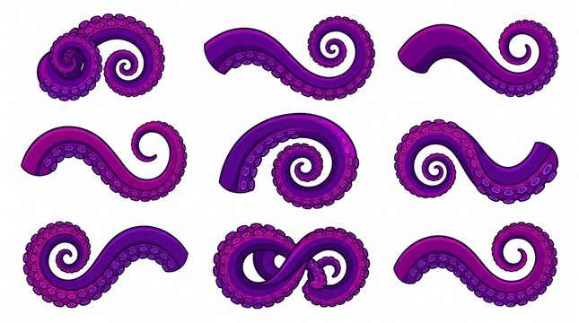 Set of purple octopus tentacles arranged in a grid on a white background