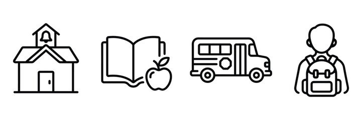 Fototapeta premium Set Of Four Education Related Lineart Icons Isolated On Transparent Background Featuring School Building Book Bus Student