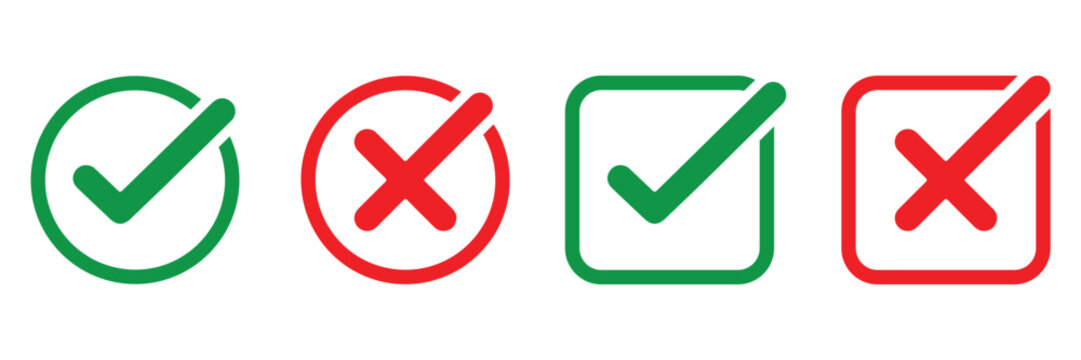 Green Check Mark and Red Cross Icons Set for Correct and Incorrect Choice, True False and Approval 
Rejection Vector