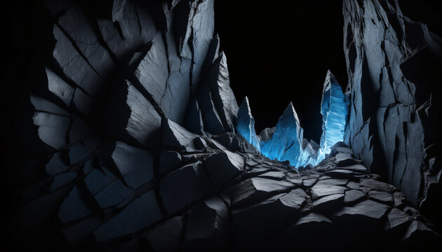 Abstract minimalist dark rocky cavern opening with glowing blue crystal details