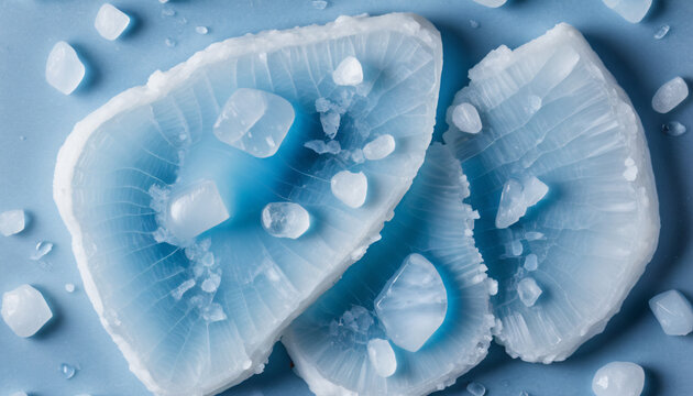 Macro close-up of light blue crystalline ice chunks and frost formations